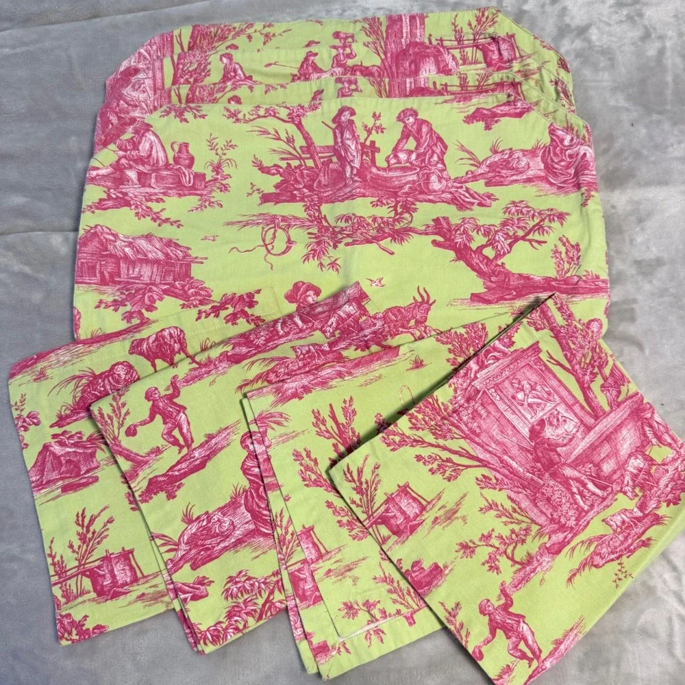 Williams Sonoma Toile Placemats & Napkins Set 8 Pc Green Pink Cotton Table Linen